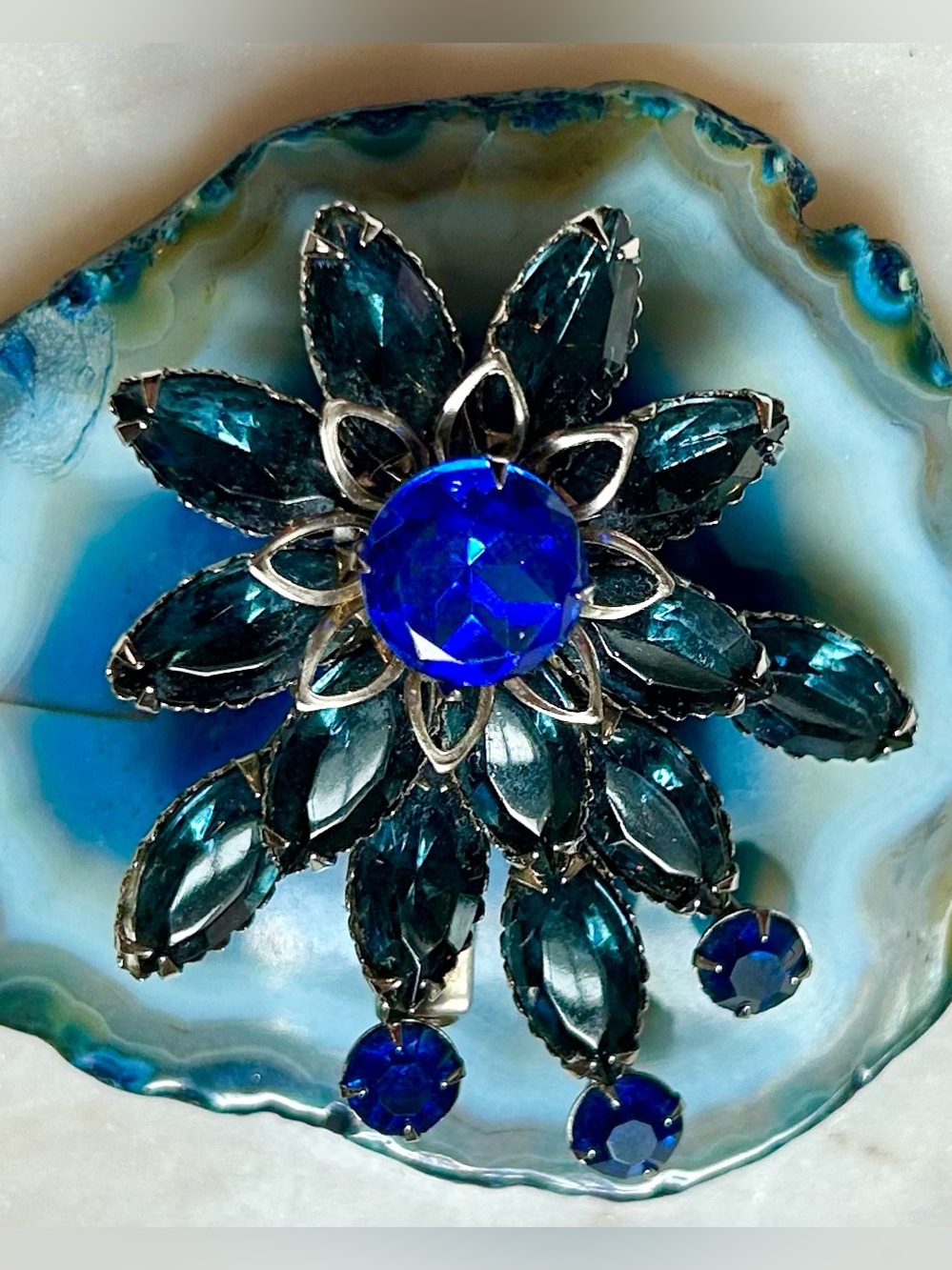 Vintage Blue Marquis Navette Faceted Brooch